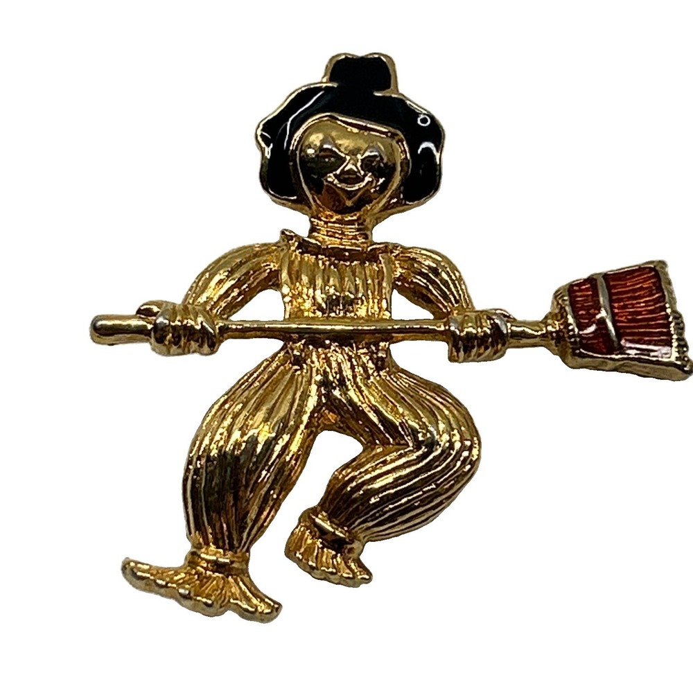 Vintage Dancing Scarecrow Black Hat & Orange Broom Enamel Gold Tone Brooch/Pin